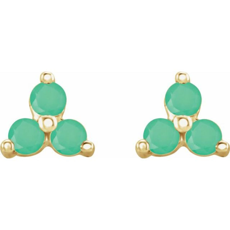 14K Yellow Gold Natural Chrysoprase Three Stone Earrings