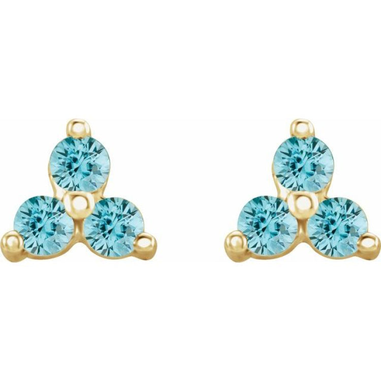 14K Yellow Gold Natural Blue Zircon Three Stone Earrings
