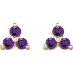 14K Yellow Gold Natural Amethyst Three Stone Earrings