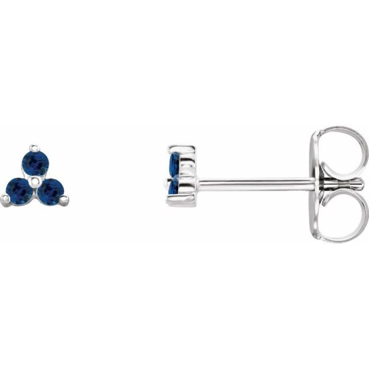 14K White Gold Natural Blue Sapphire Three Stone Earrings