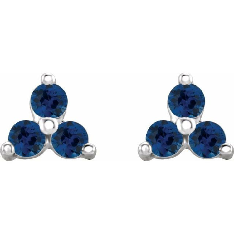 14K White Gold Natural Blue Sapphire Three Stone Earrings