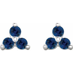 14K White Gold Natural Blue Sapphire Three Stone Earrings