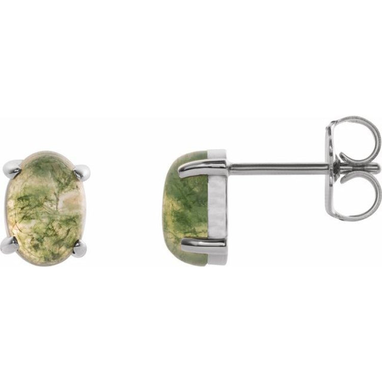 14K White Gold 7x5 mm Oval Natural Moss Agate Earrings