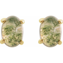 14K Yellow Gold 7x5 mm Oval Natural Moss Agate Earrings