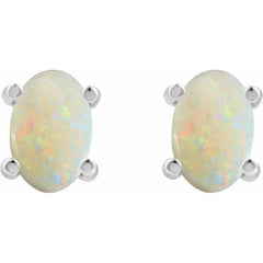 14K White Gold 6x4 mm Oval Natural White Opal Earrings
