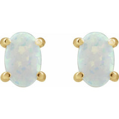 14K Yellow Gold 6x4 mm Oval Lab-Grown White Opal Earrings