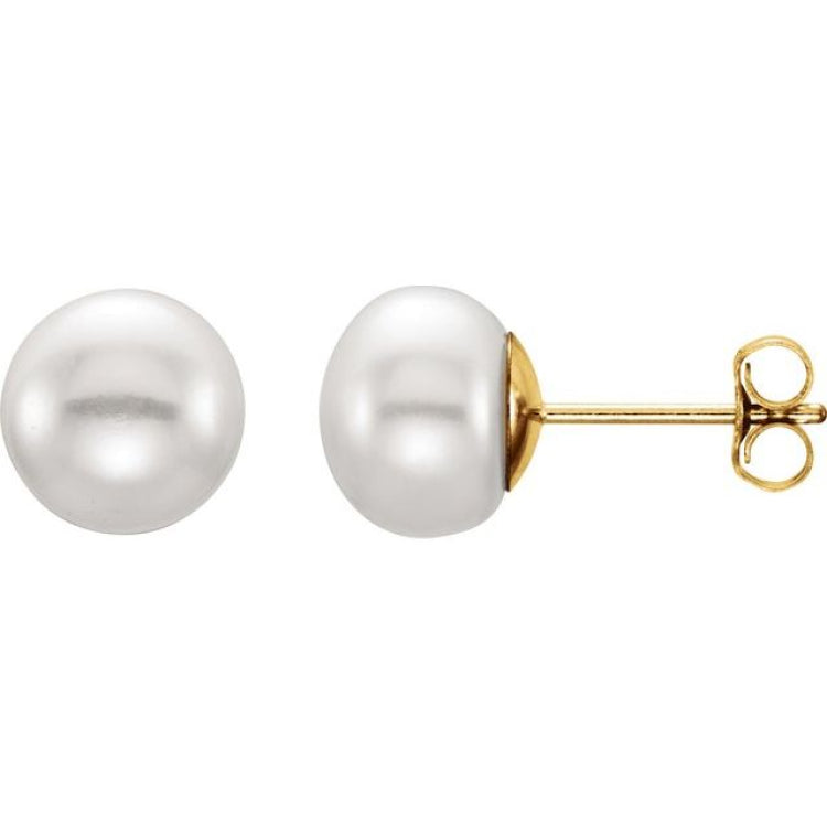 14K Yellow Gold 7-8 mm Cultured White Freshwater Button Pearl Earrings