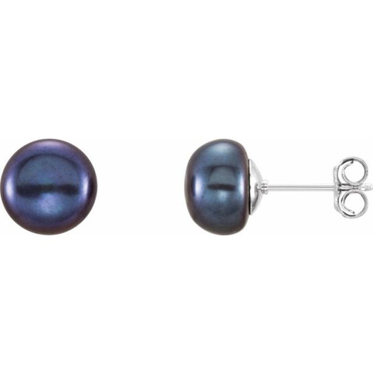 Sterling Silver 8-9 mm Cultured Black Freshwater Button Pearl Earrings