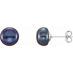 Sterling Silver 8-9 mm Cultured Black Freshwater Button Pearl Earrings