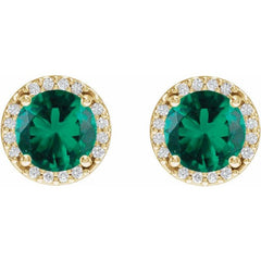 14K Yellow Gold Lab-Grown Emerald & .05 CTW Natural Diamond Halo-Style Earrings