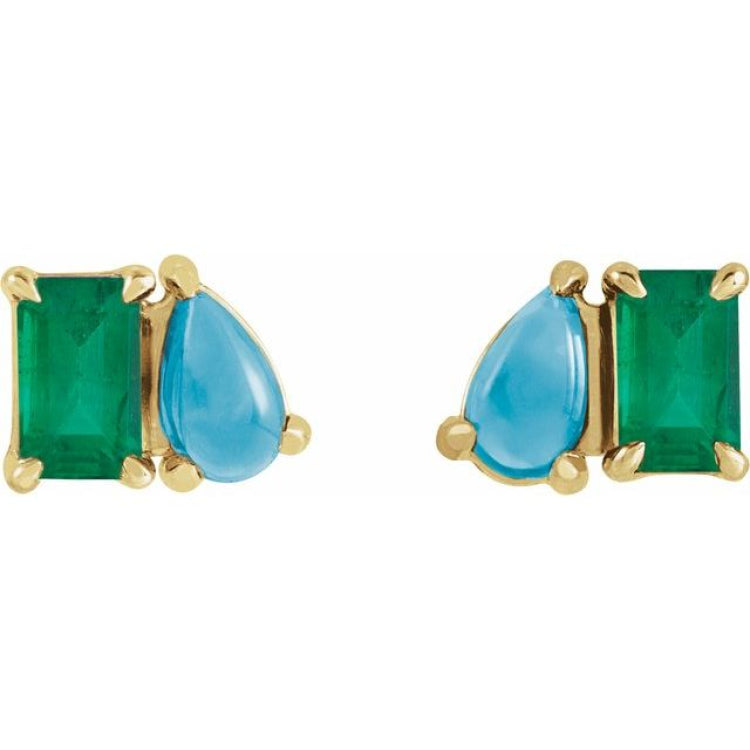 14K Yellow Gold Lab-Grown Emerald & Natural Turquoise Two-Stone Stud Earrings