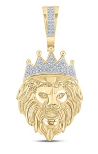 10K YELLOW GOLD ROUND DIAMOND LION ANIMAL CHARM PENDANT 1/6 CTTW