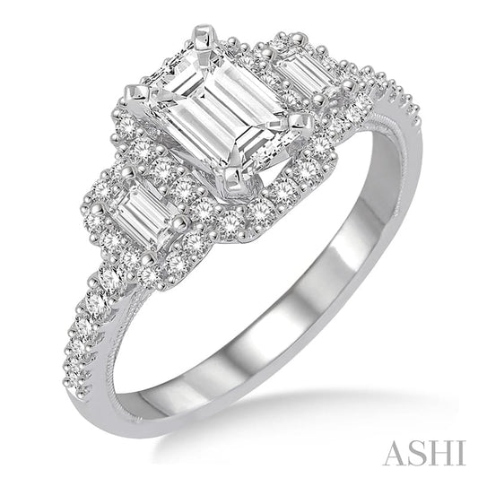 1 ctw Baguette and Round Cut Diamond Ladies Engagement Ring with 1/2 Ct Emerald Cut Center Stone in 14K White Gold