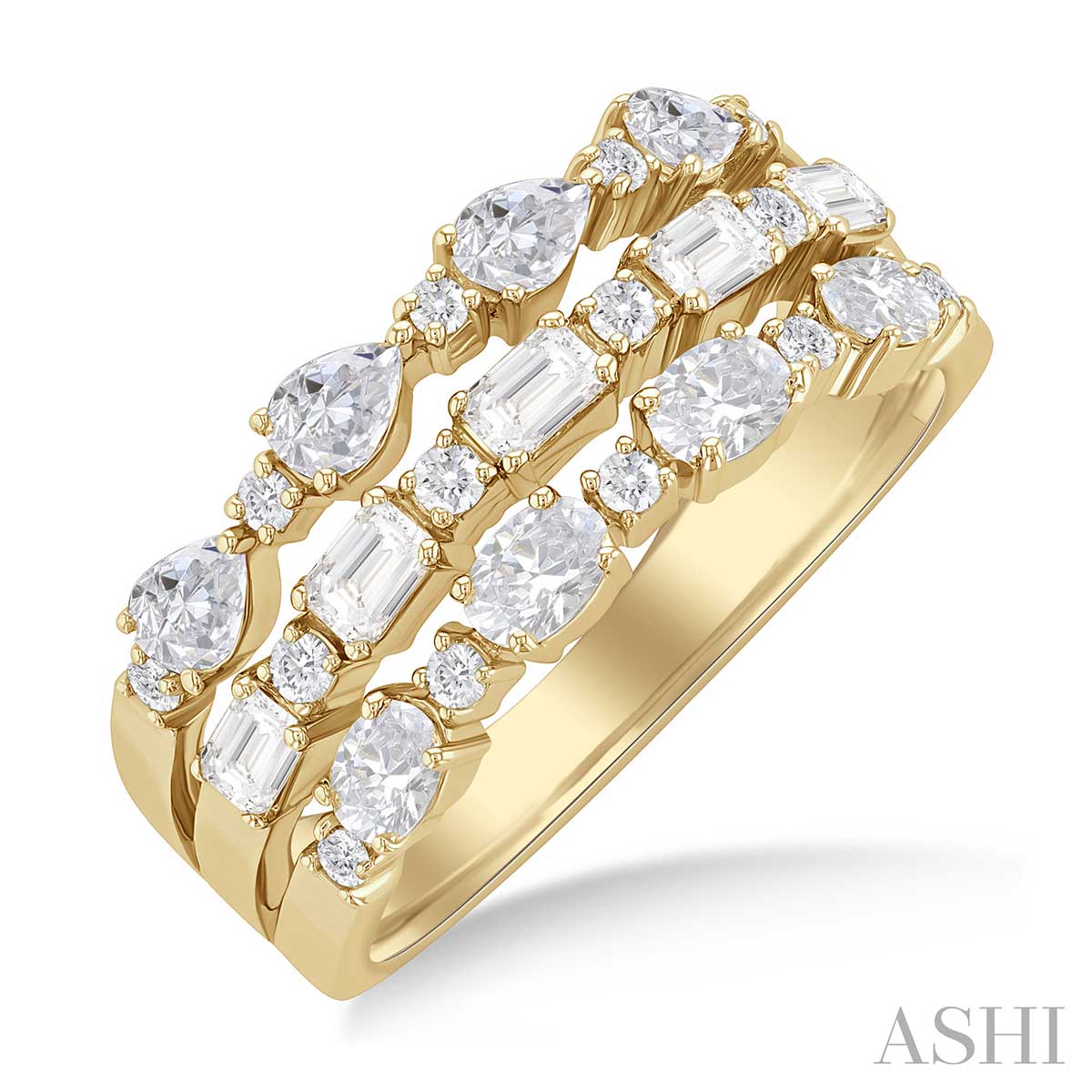 1 1/2 ctw Triple Row Multi-Cut Diamond Fashion Ring in 14K Yellow or White Gold
