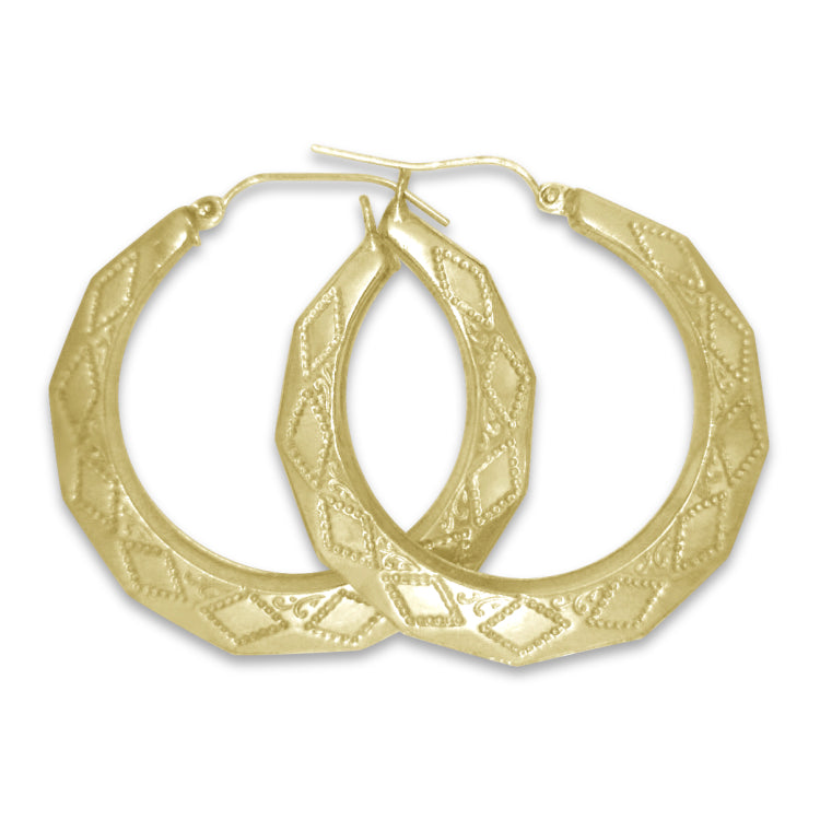 Faceted finish New Orleans yellow gold hoops in 5 different sizes.