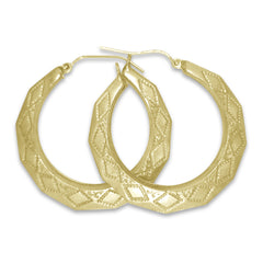 Faceted finish New Orleans yellow gold hoops in 5 different sizes.
