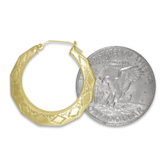 Faceted finish New Orleans yellow gold hoops in 5 different sizes.