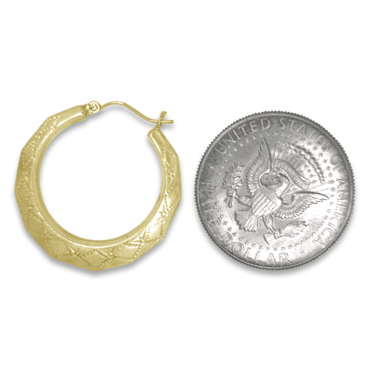 Faceted finish New Orleans yellow gold hoops in 5 different sizes.