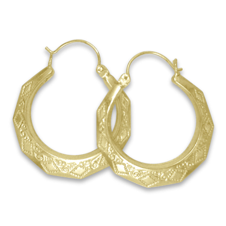 Bright finish New Orleans yellow gold hoops in 5 different sizes.