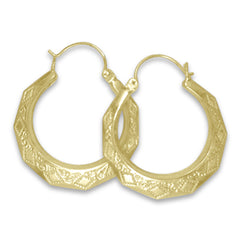 Bright finish New Orleans yellow gold hoops in 5 different sizes.