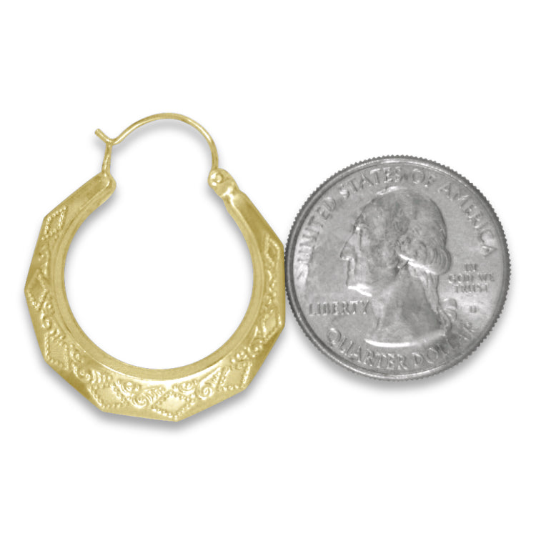 Bright finish New Orleans yellow gold hoops in 5 different sizes.