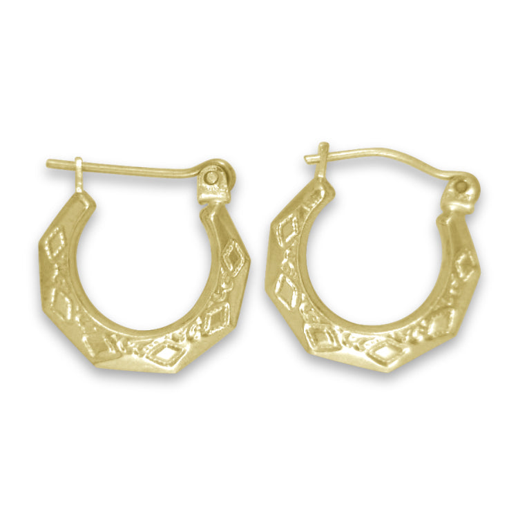 Bright finish New Orleans yellow gold hoops in 5 different sizes.