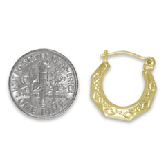 Bright finish New Orleans yellow gold hoops in 5 different sizes.