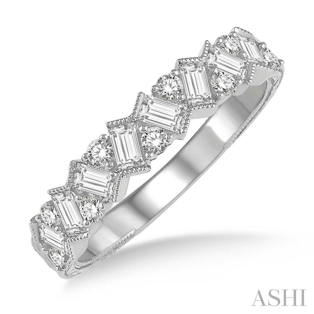 5/8 Ctw Zigzag Baguette and Round Cut Diamond Ring in 14K White Gold