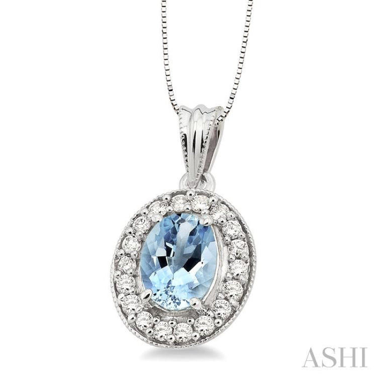 8x6 MM Oval Cut Aquamarine and 1/3 ctw Round Cut Diamond Pendant in 14K White Gold with Chain