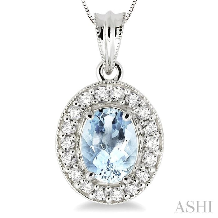 8x6 MM Oval Cut Aquamarine and 1/3 ctw Round Cut Diamond Pendant in 14K White Gold with Chain