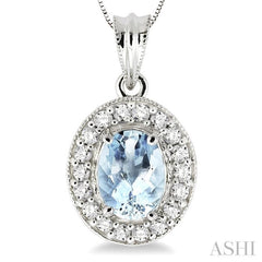8x6 MM Oval Cut Aquamarine and 1/3 ctw Round Cut Diamond Pendant in 14K White Gold with Chain
