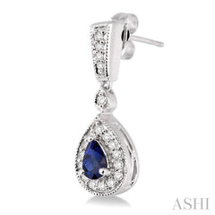 5x3 MM Pear Shape Sapphire and 1/3 Ctw Round Cut Diamond Earrings in 14K White Gold