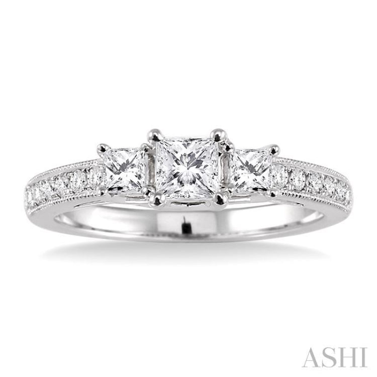 3/4 Ctw Diamond Engagement Ring with 1/3 Ct Princess Cut Center Stone in 14K White Gold