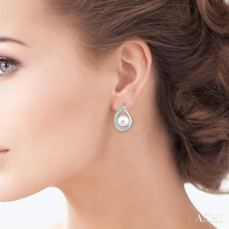 6x6 MM Round Shape Cultured Pearls and 1/10 Ctw Round Cut Diamond Earrings in 10K White Gold