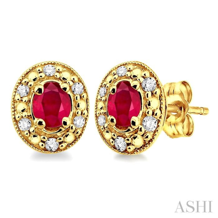 4x3 MM Oval Shaped Ruby and 1/10 Ctw Single Cut Diamond Earrings in 14K Yellow Gold