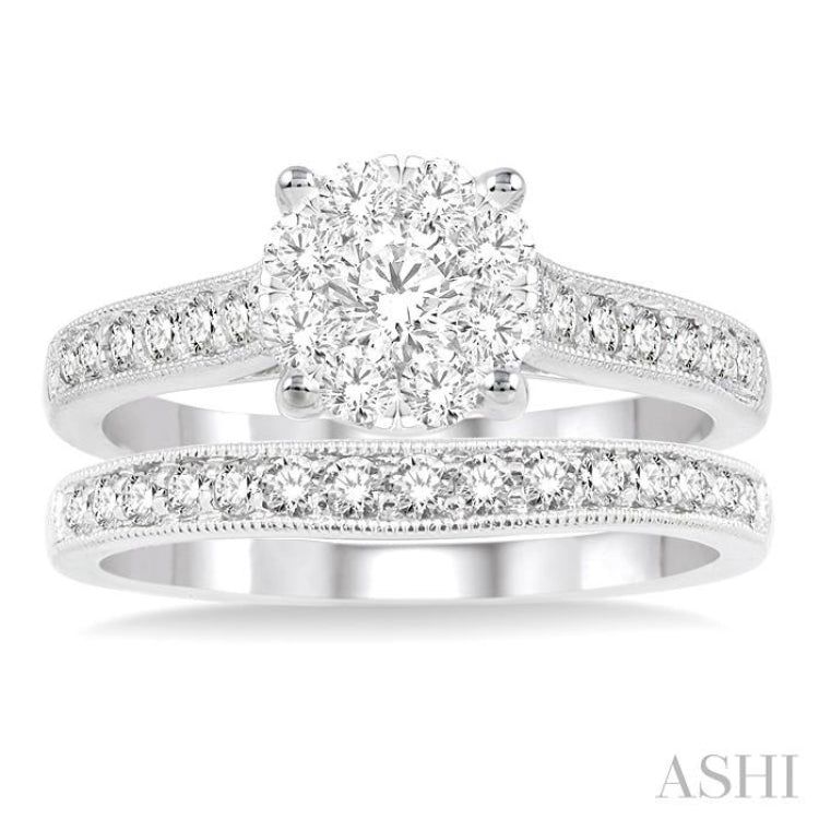 1 Ctw Diamond Wedding Set with 3/4 Ctw Lovebright Round Cut Engagement Ring and 1/4 Ctw Wedding Band in 14K White Gold