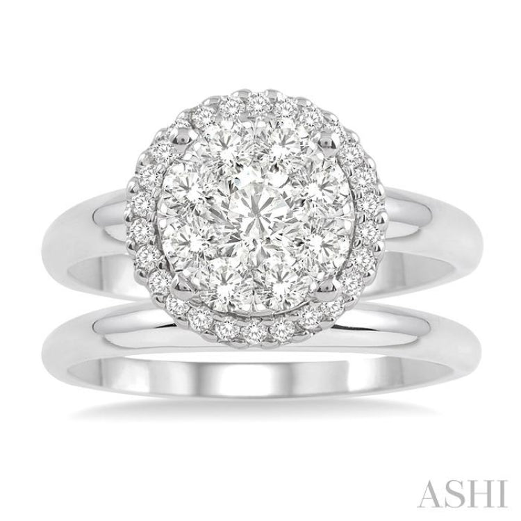 1/2 Ctw Diamond Wedding Set with 1/2 Ctw Lovebright Round Cut Engagement Ring and Shadow Band in 14K White Gold