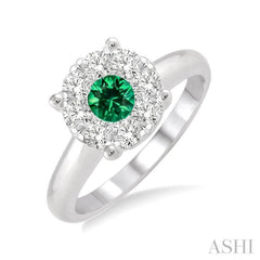 3.8 MM Round Cut Emerald and 1/3 Ctw Lovebright Diamond Precious Ring in 14K White Gold