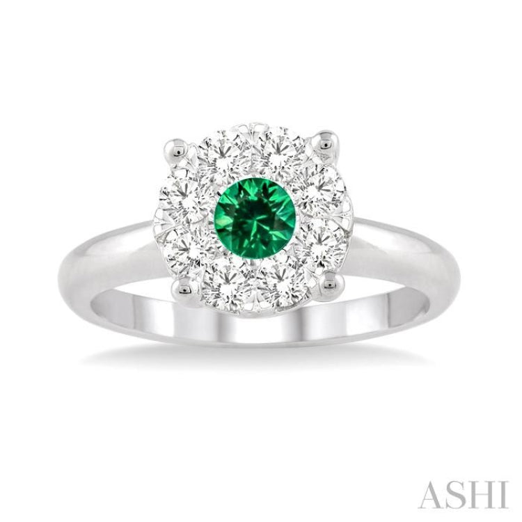 3.8 MM Round Cut Emerald and 1/3 Ctw Lovebright Diamond Precious Ring in 14K White Gold