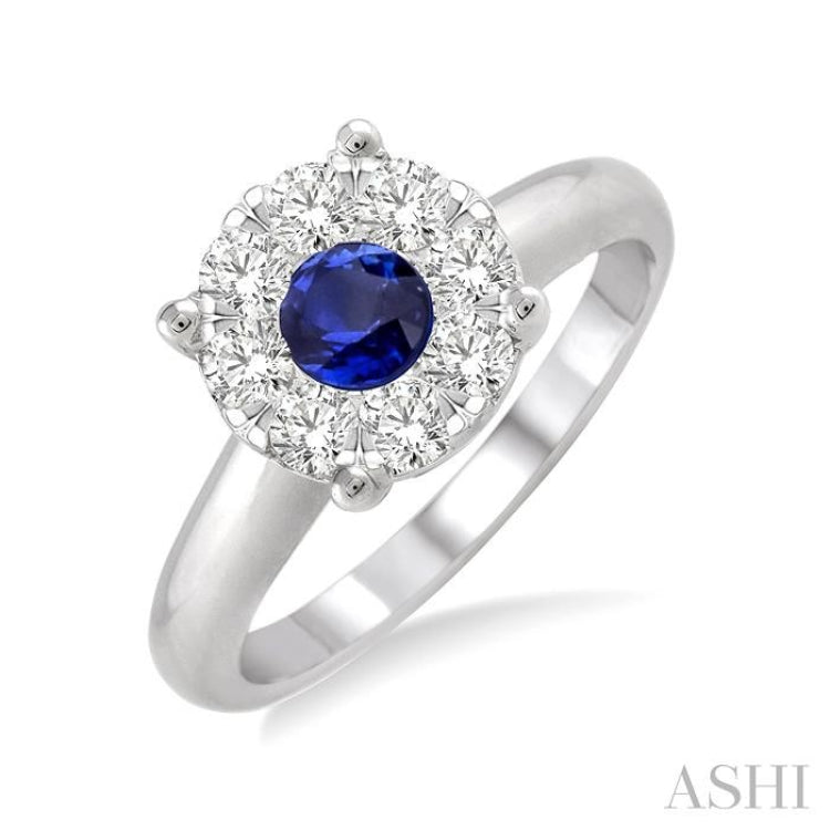 3.8 MM Round Cut Sapphire and 1/3 Ctw Lovebright Diamond Precious Ring in 14K White Gold