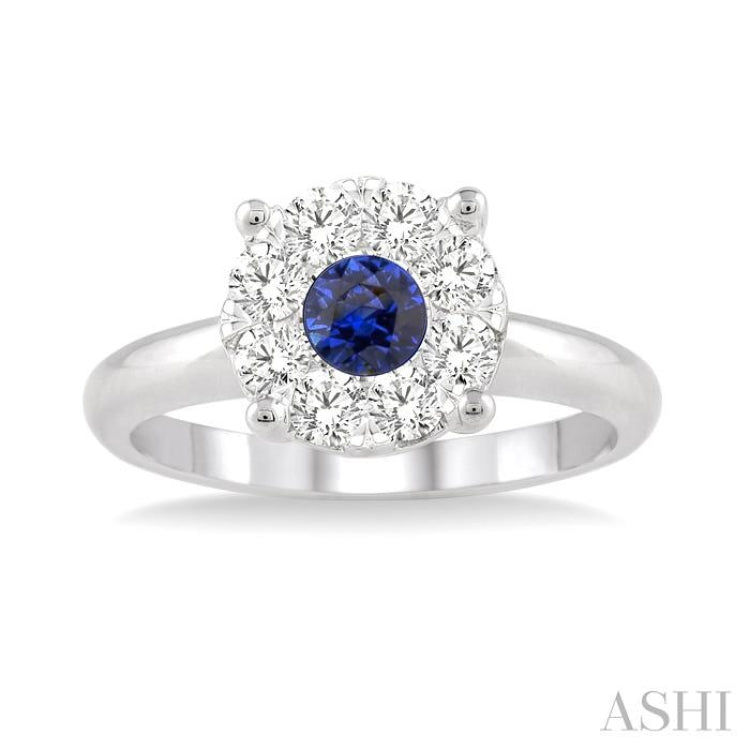 3.8 MM Round Cut Sapphire and 1/3 Ctw Lovebright Diamond Precious Ring in 14K White Gold