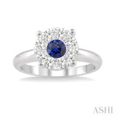 3.8 MM Round Cut Sapphire and 1/3 Ctw Lovebright Diamond Precious Ring in 14K White Gold