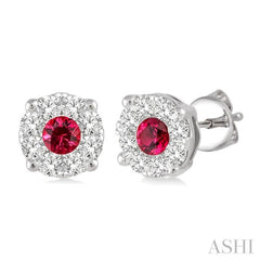 3.3mm Round Cut Ruby and 1/2 Ctw Lovebright Diamond Precious Earrings in 14K White Gold