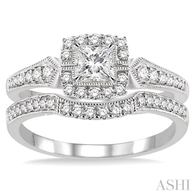 1/2 Ctw Diamond Wedding Set with 3/8 Ctw Princess Cut Engagement Ring and 1/6 Ctw Wedding Band in 14K White Gold