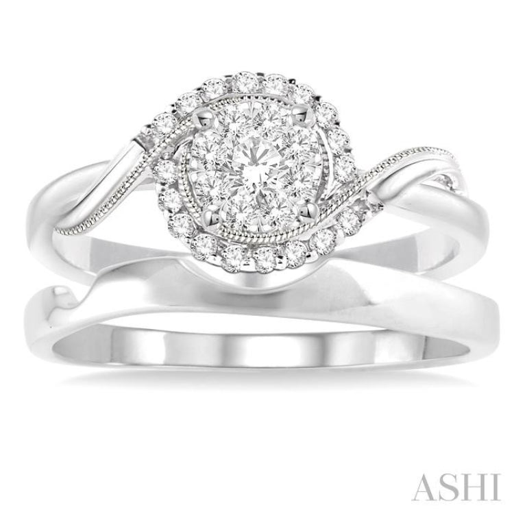 1/3 Ctw Diamond Lovebright Wedding Set with 1/3 Ctw Round Cut Engagement Ring and Shadow Band in 14K White Gold