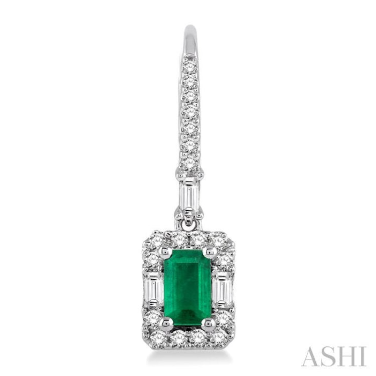 5x3 MM Octagon Cut Emerald and 1/2 Ctw Round Cut Diamond Precious Earrings in 14K White Gold