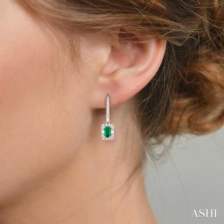 5x3 MM Octagon Cut Emerald and 1/2 Ctw Round Cut Diamond Precious Earrings in 14K White Gold