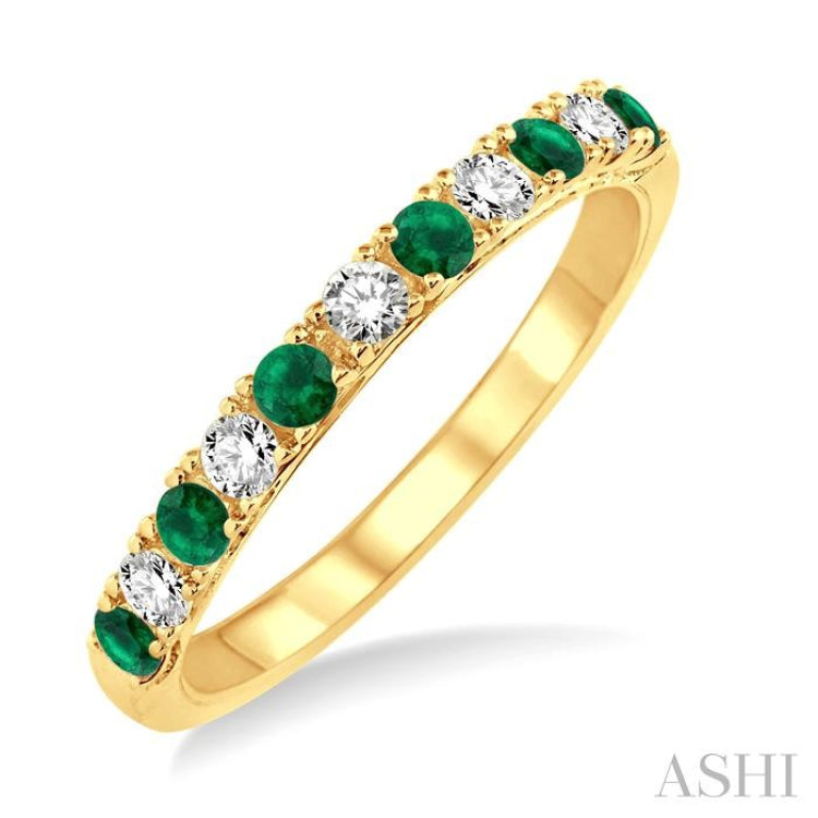 2.20 MM Round Cut Emerald and 1/5 Ctw Round Cut Diamond Precious Band in 14K Yellow Gold