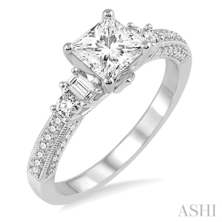 7/8 Ctw Diamond Engagement Ring with 1/2 Ct Princess Cut Center Stone in 14K White Gold