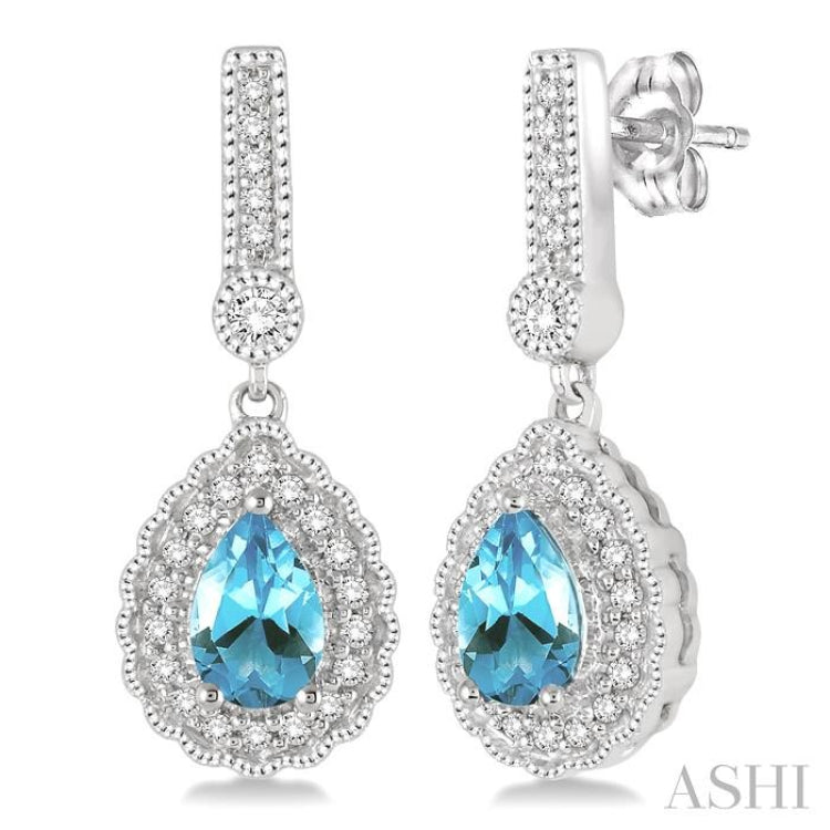 6x4 MM Pear Shape Aquamarine and 1/4 Ctw Round Cut Diamond Earrings in 14K White Gold